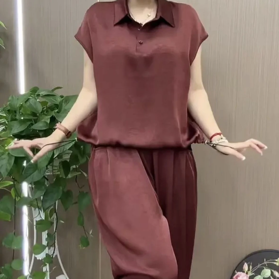 夏季百搭遮肉高端翻领短袖加裤子套装妈妈减龄纯色高贵潮流两件套