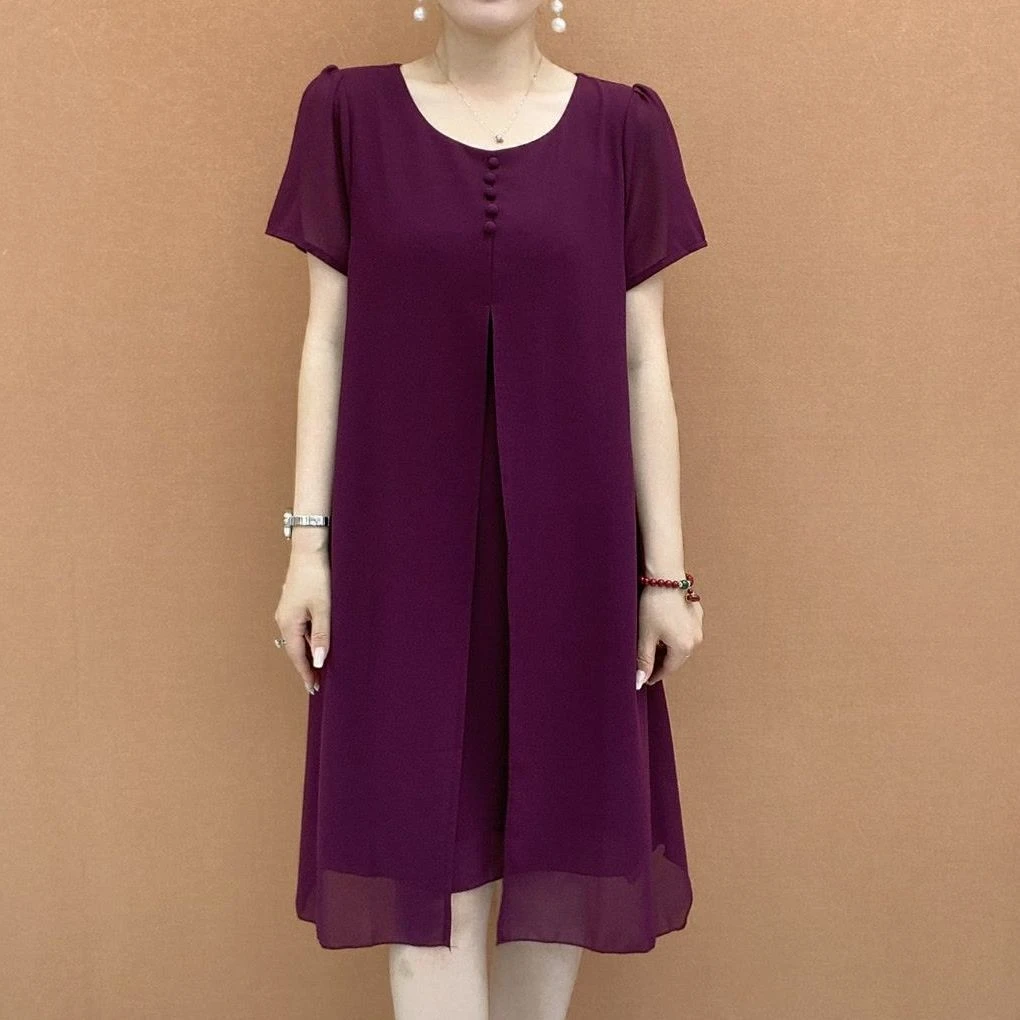 时尚新款气质百搭宽松显瘦短袖连衣裙中老年妈妈夏装减龄休闲裙子