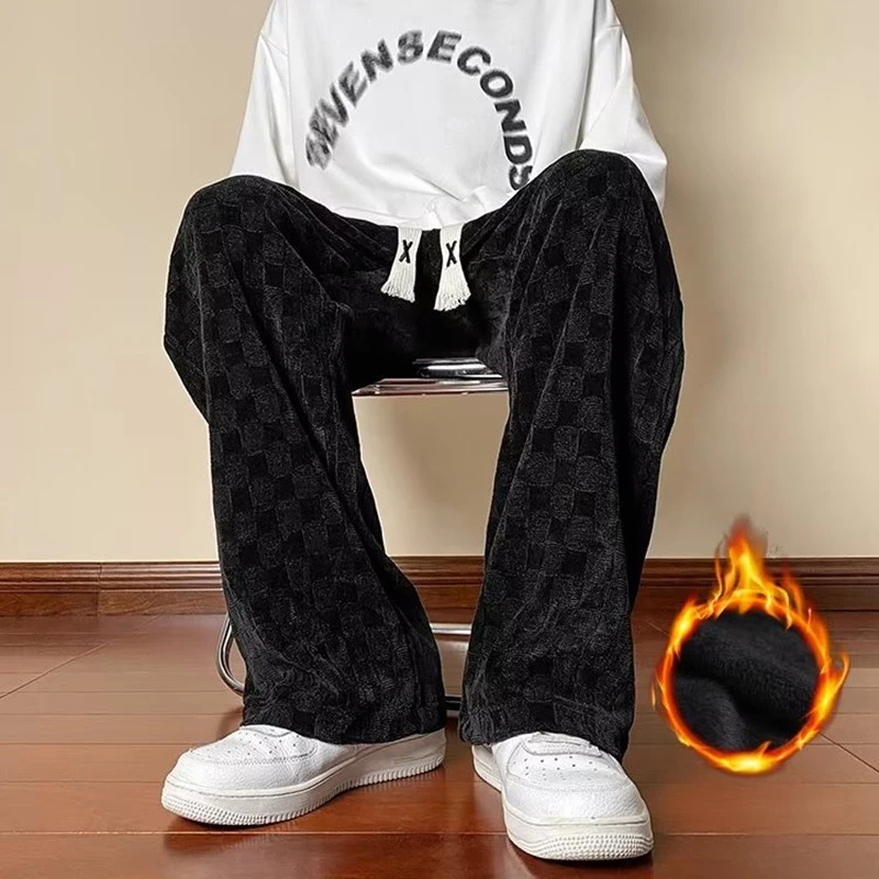 美式hiphop垂感裤子男小众设计感棋盘格阔腿裤加绒直筒灯芯绒男裤