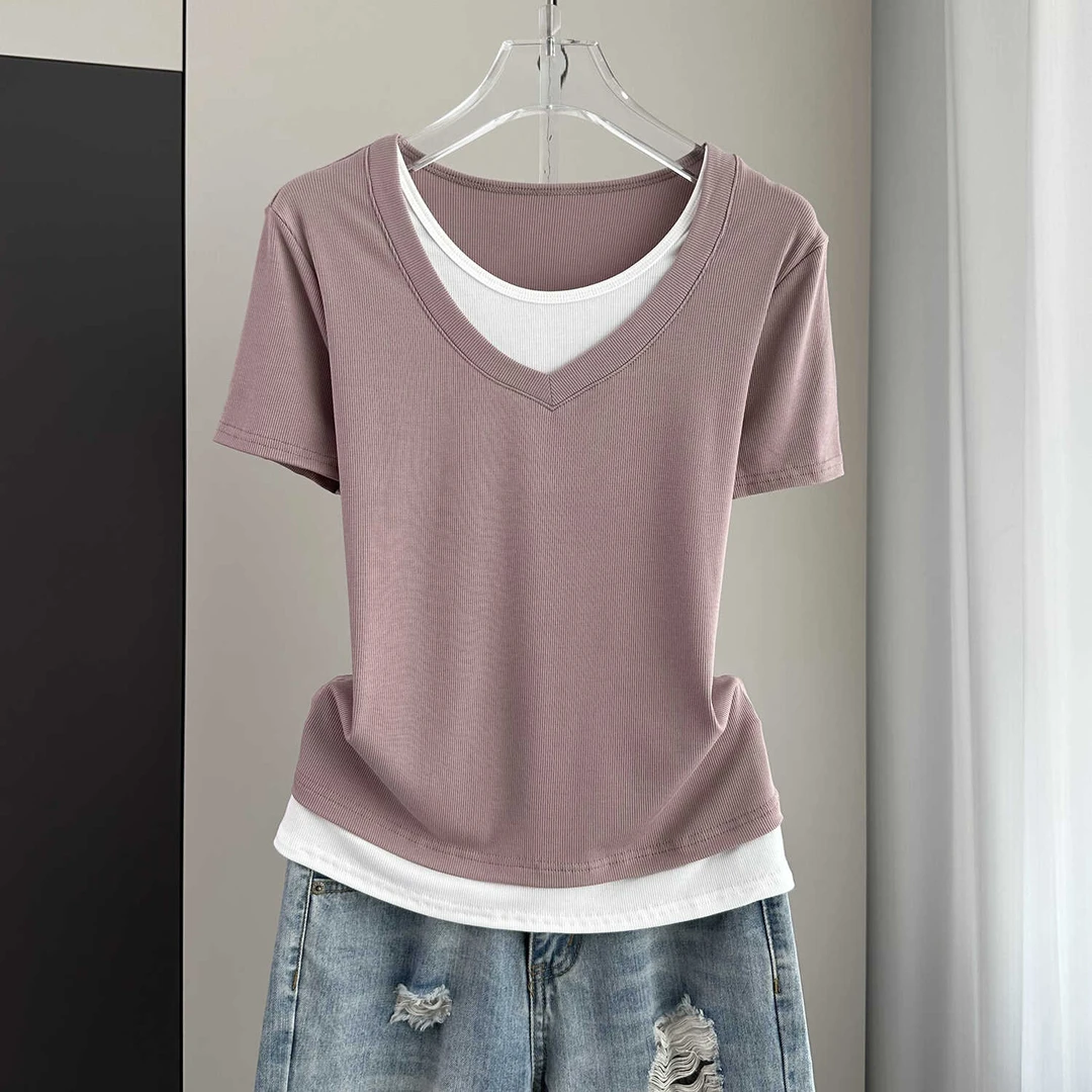 撞色v领正肩短袖t恤女2024春夏新款假两件宽松遮肉显瘦上衣打底衫