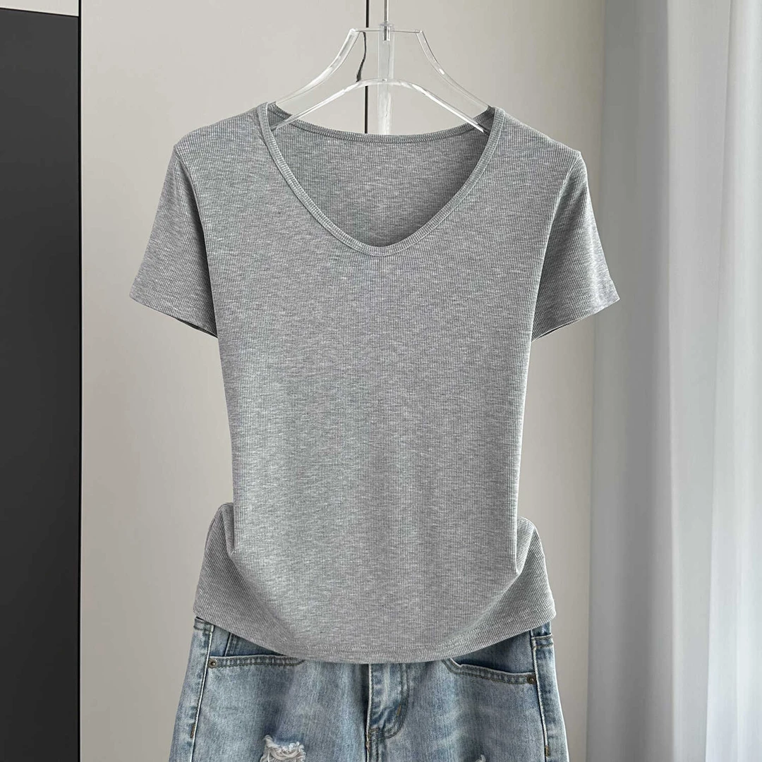 正肩短袖t恤女夏季V领薄款新款宽松U领基础款螺纹洋气上衣打底衫