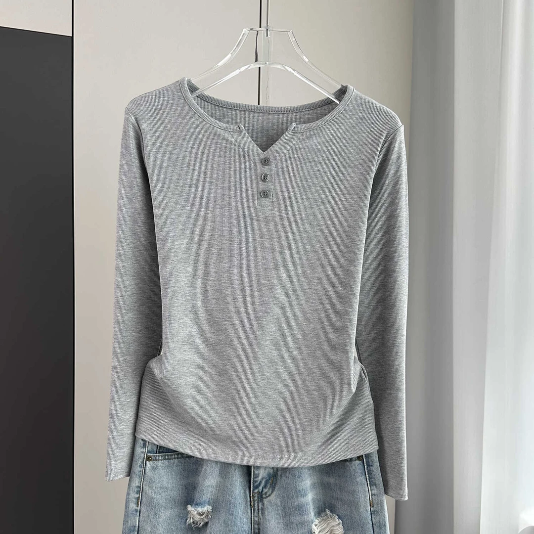 早秋打底衫女内搭2024新款外穿纽扣显瘦穿搭洋气长袖t恤螺纹上衣