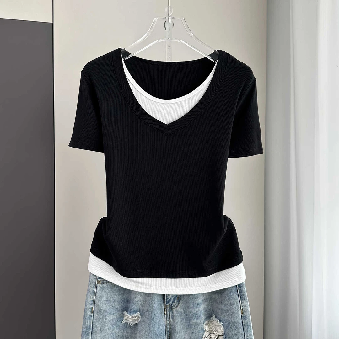 洋气减龄拼接假两件短袖正肩T恤上衣女士春夏修身显瘦遮肉打底衫