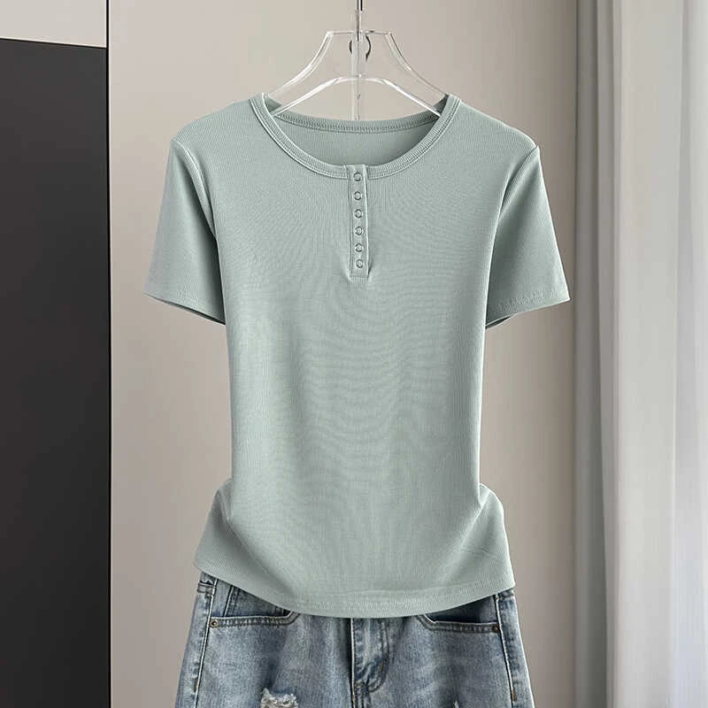 纯色短袖t恤女士夏季2024新款螺纹纽扣圆领修身显瘦洋气半袖上衣