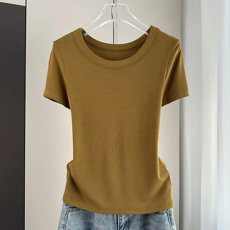 短袖u领t恤女装春夏季2024年新款螺纹圆领基础款纯色宽松打底上衣
