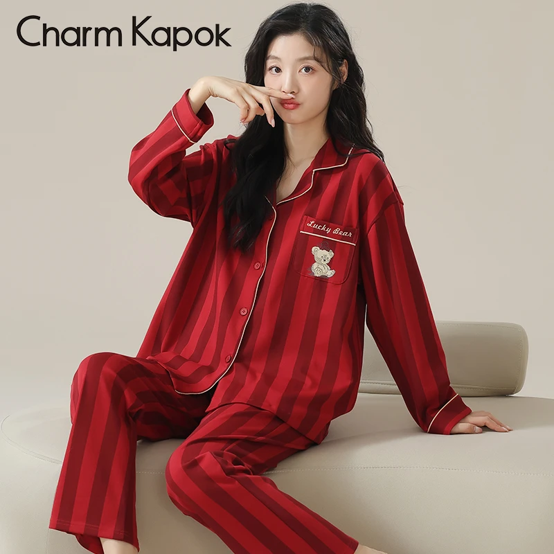 Charm Kapok可爱卡通小熊睡衣女长袖长裤酒红色本命年新婚家居服