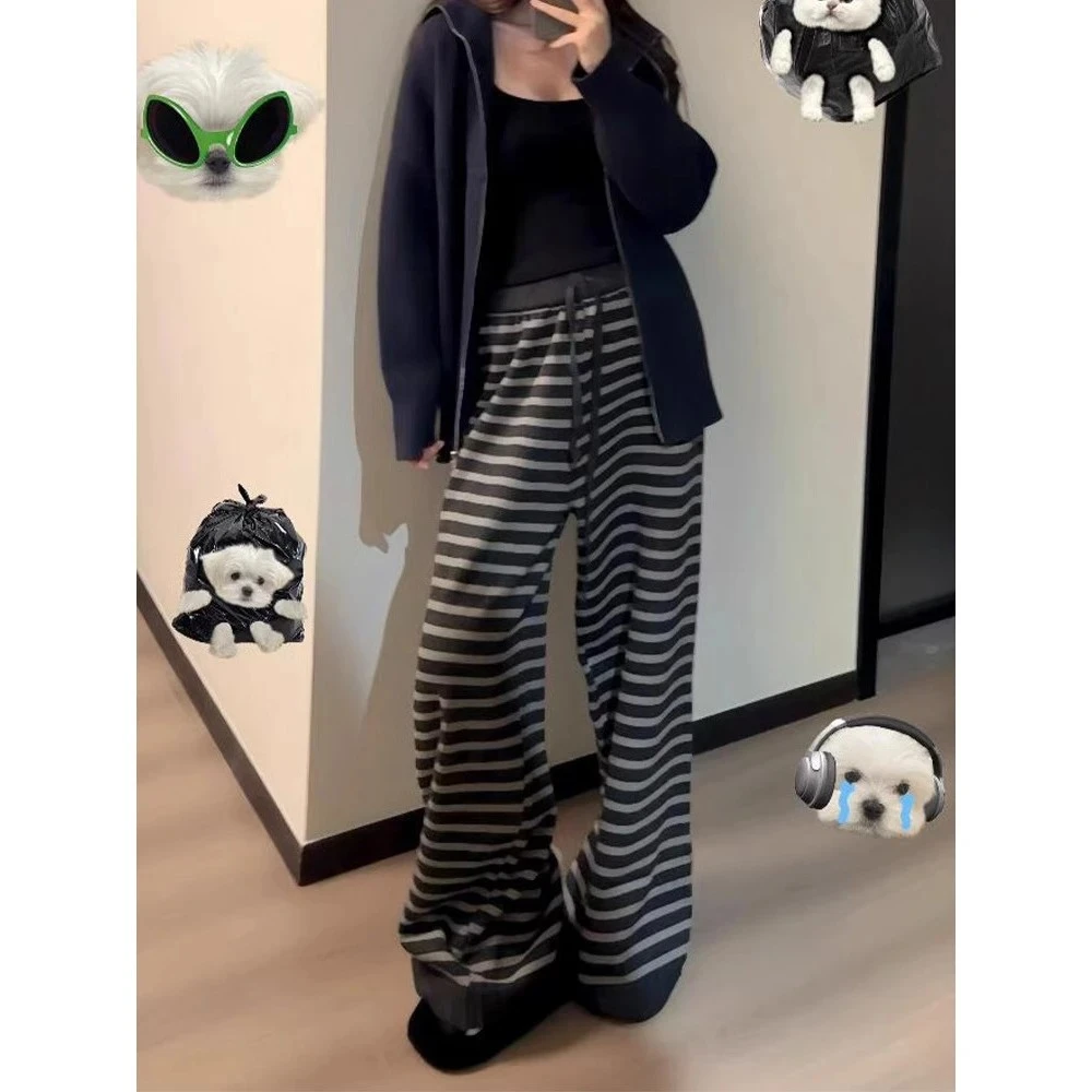 垂感拖地小众针织条纹休闲裤女秋冬新款高腰显瘦直筒宽松阔腿长裤