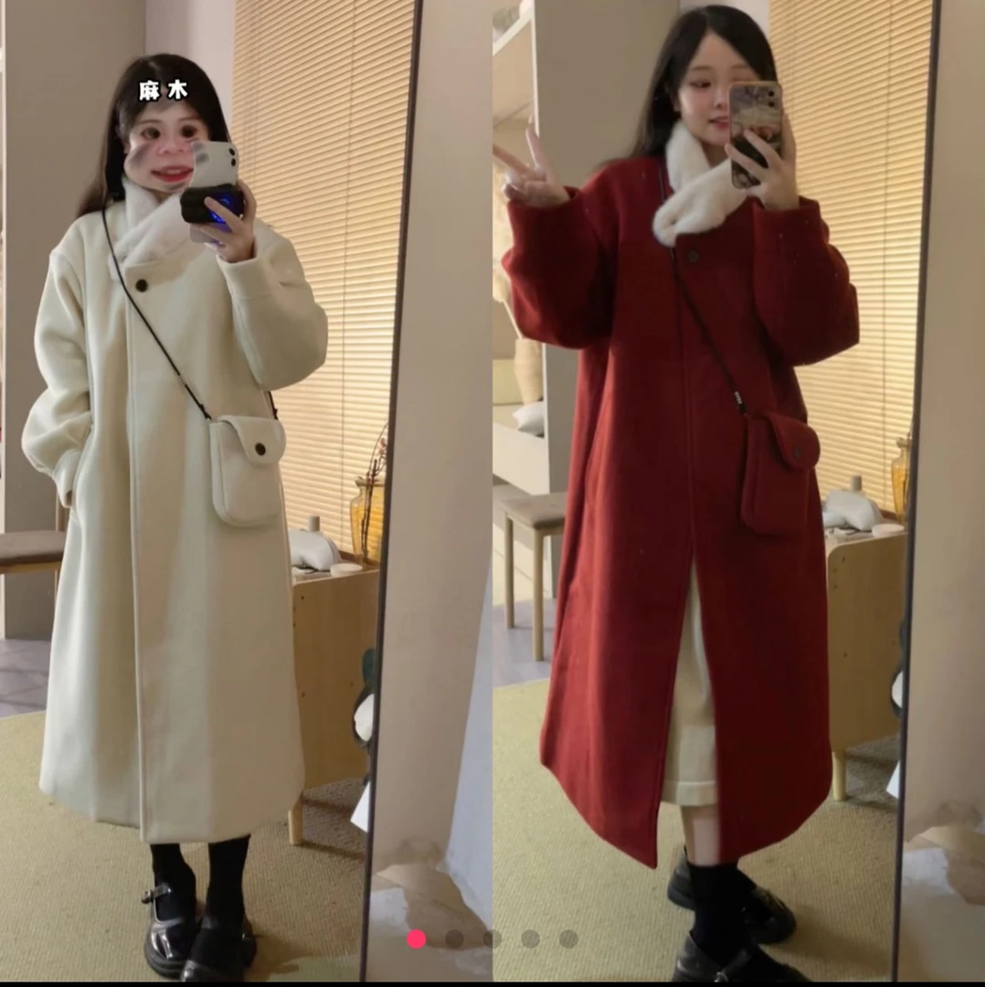 冬季中长款配小包毛呢保暖大衣外套