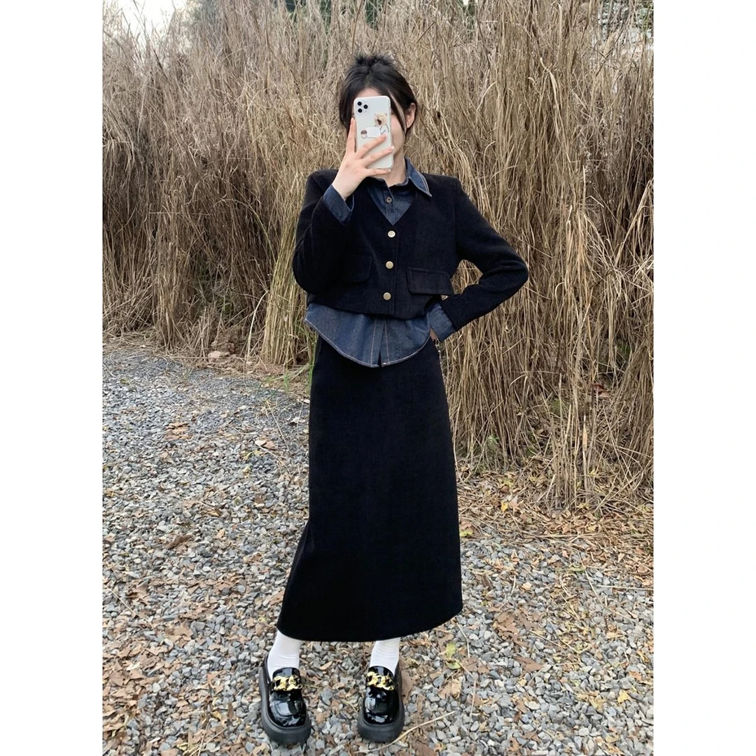 复古牛仔拼接不规则长袖西装外套开叉半身裙女秋季2024骑行两件套