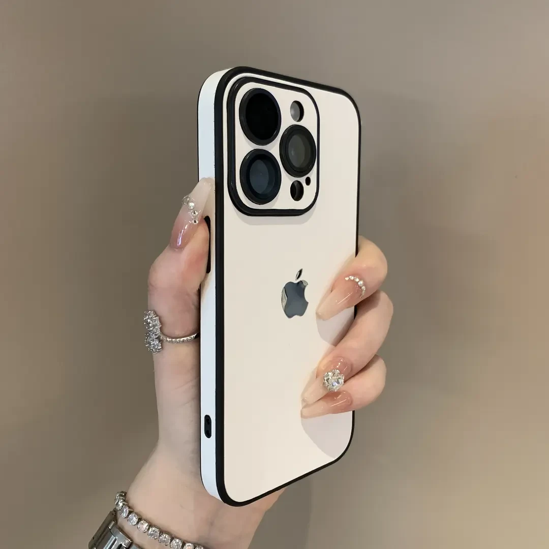 简约白色皮质带镜膜适用iPhone15Promax苹果13手机壳14硬11/12