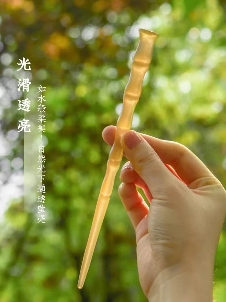 天然藏羊角簪子精雕双尖押发反扣式盘发短款古风传统弯明清汉服风