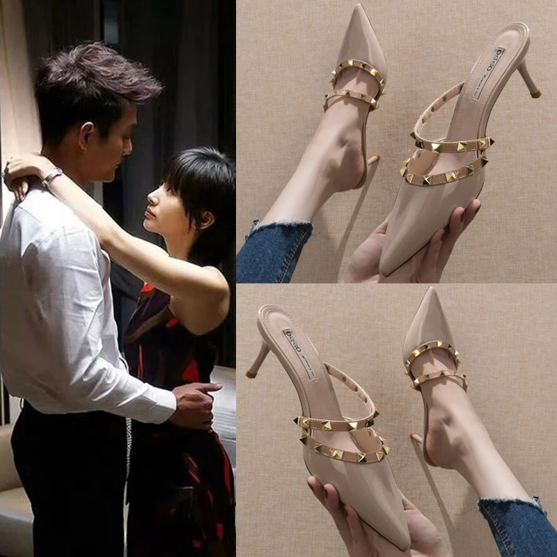 时尚铆钉高跟凉拖鞋女外穿半拖2021春夏新款网红尖头细跟包头鞋子