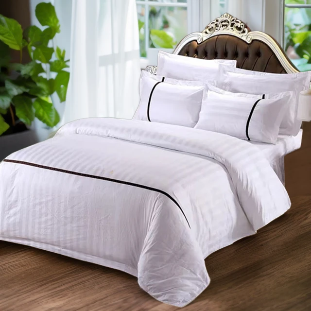 酒店民宿客栈全棉白色三公分锻条四件套宾馆床上用品条纹床单被套