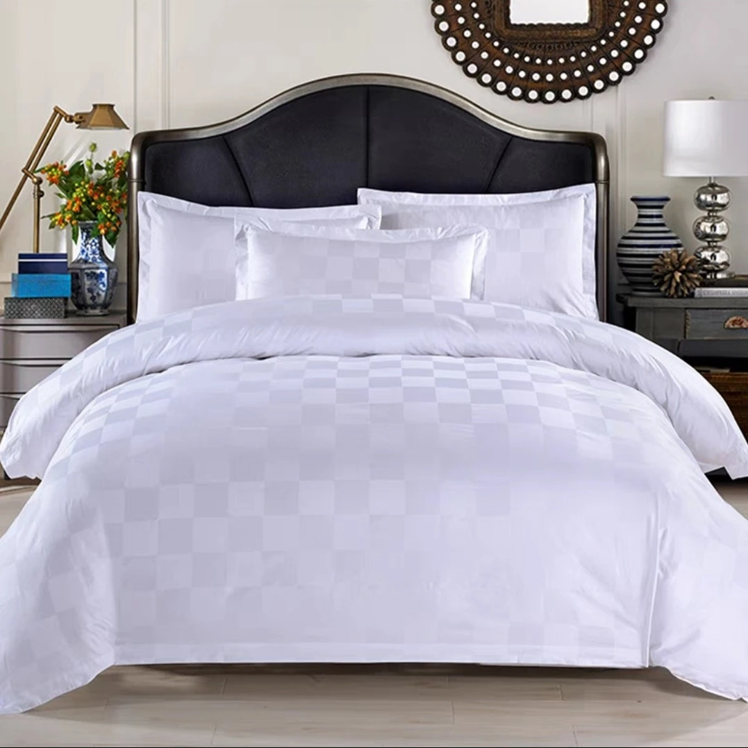 星级酒店民宿白色全棉羽毛花凤尾花被套宾馆水波纹九宫格纯棉被罩