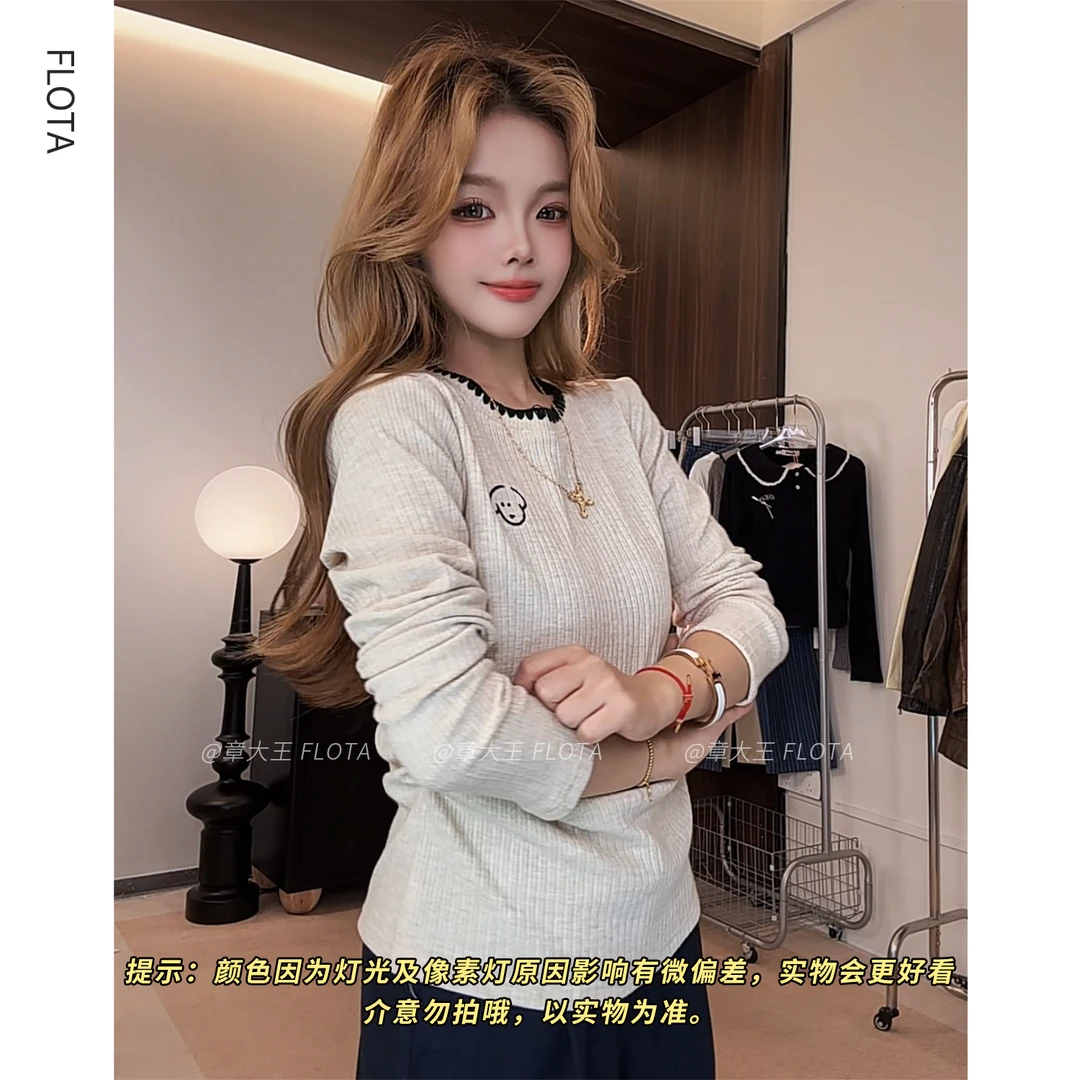 【flota】奶油风可爱卡通小狗刺绣花边长袖针织上衣2206