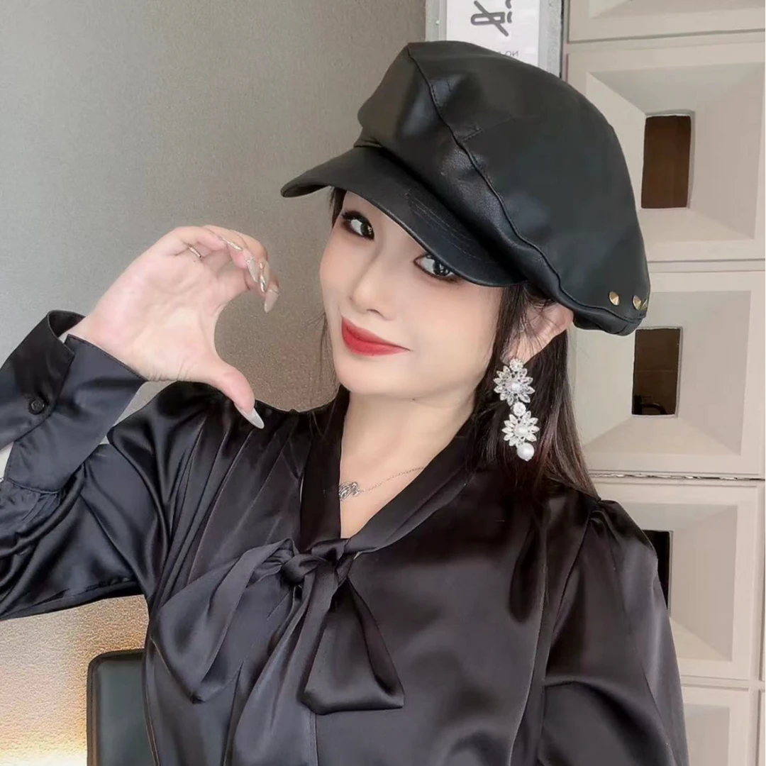 PU皮质秋冬韩版贝雷帽复古显脸小画家帽百搭鸭舌帽网红报童帽子