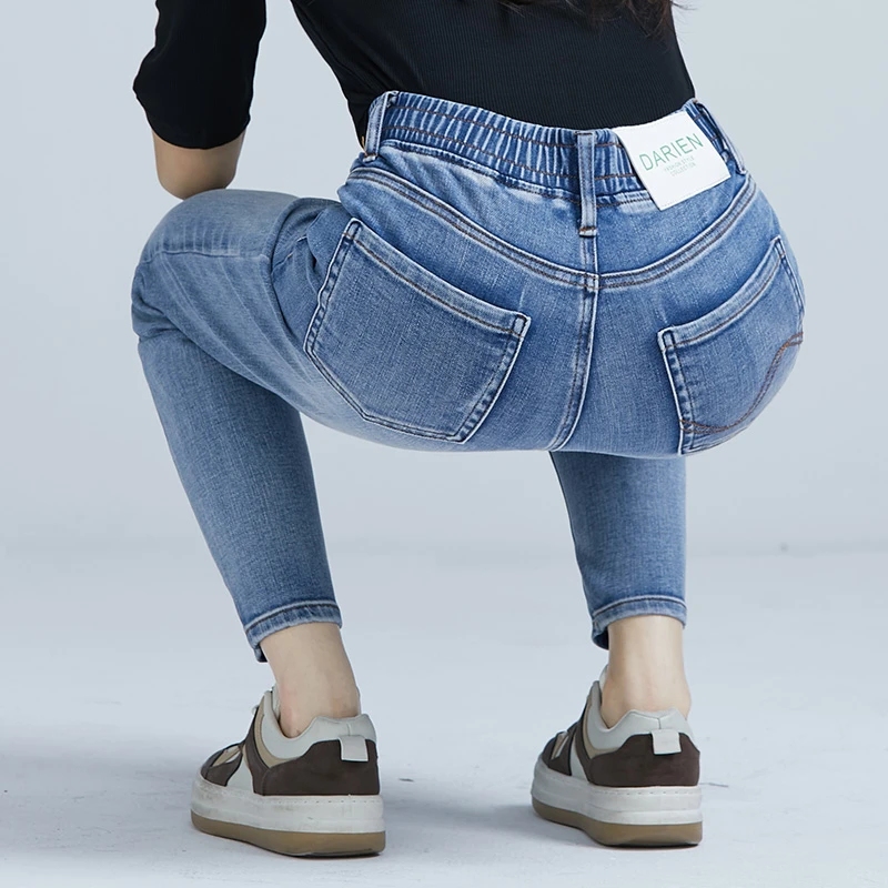 春季高腰牛仔裤女松紧腰小脚长裤大码四面高弹力显瘦铅笔修身九分