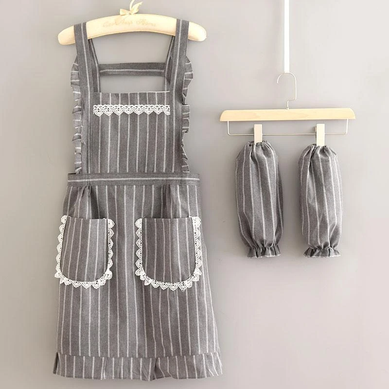 厨房新款家用围裙套装可爱简约蕾丝漂亮年轻围腰透气布料定制套袖