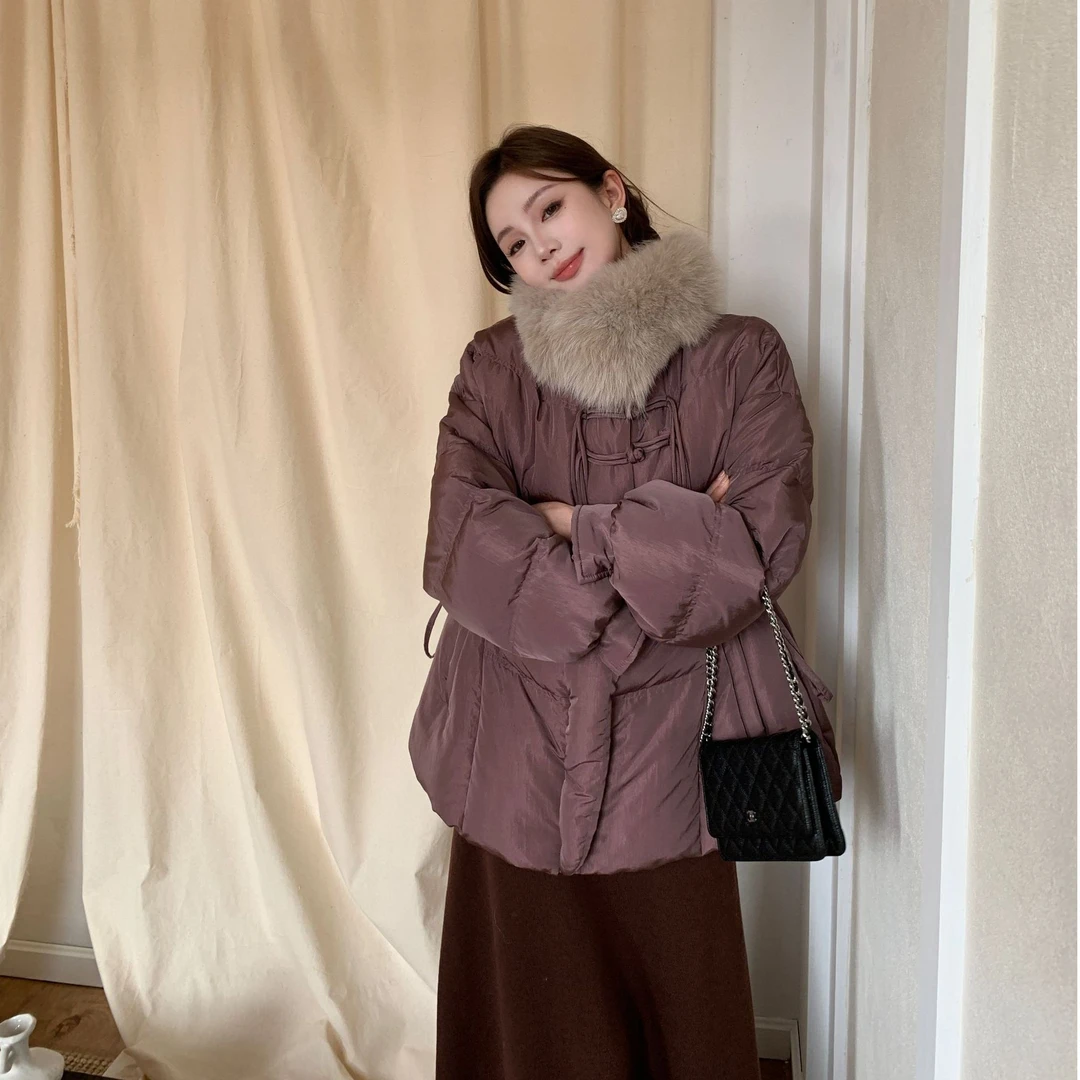 2024冬季新款国风新中式狐狸毛领短款羽绒服女网红款羽绒服8800