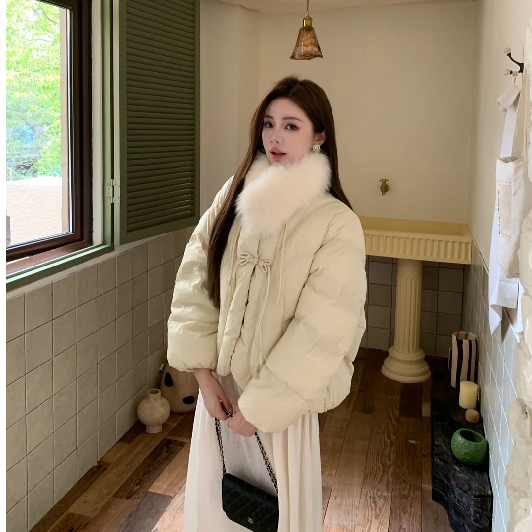 2024冬季新款新中式国风短款狐狸毛领白鸭绒羽绒网红款羽绒服8802