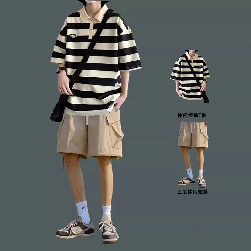 夏季条纹短袖t恤男士时尚短裤百搭潮牌男装帅气ins潮流夏天POLO衫