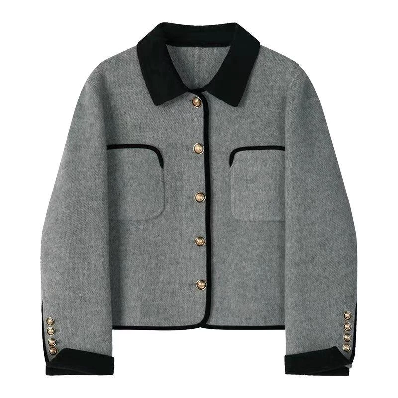 拼领黑色包边冬季毛呢短外套小香风高贵气质YC818高贵毛呢外套女