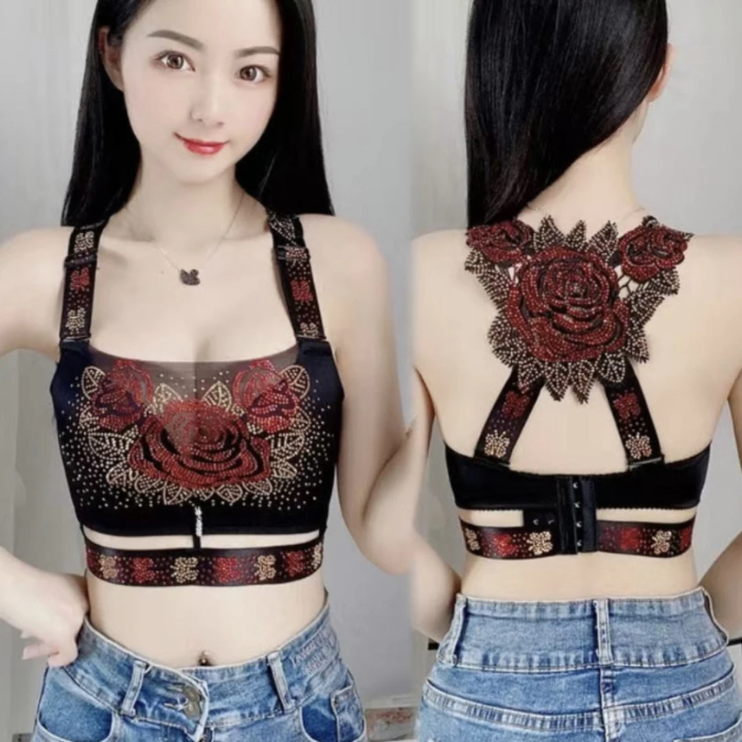 网红新款玫瑰花蝴蝶亮钻美背抹胸女无痕无钢圈防走光聚拢文胸内衣