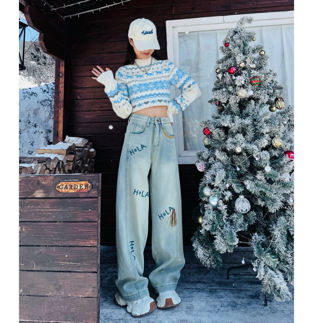 三点水·保暖加绒牛仔裤雅痞风手工刺绣阔腿长裤