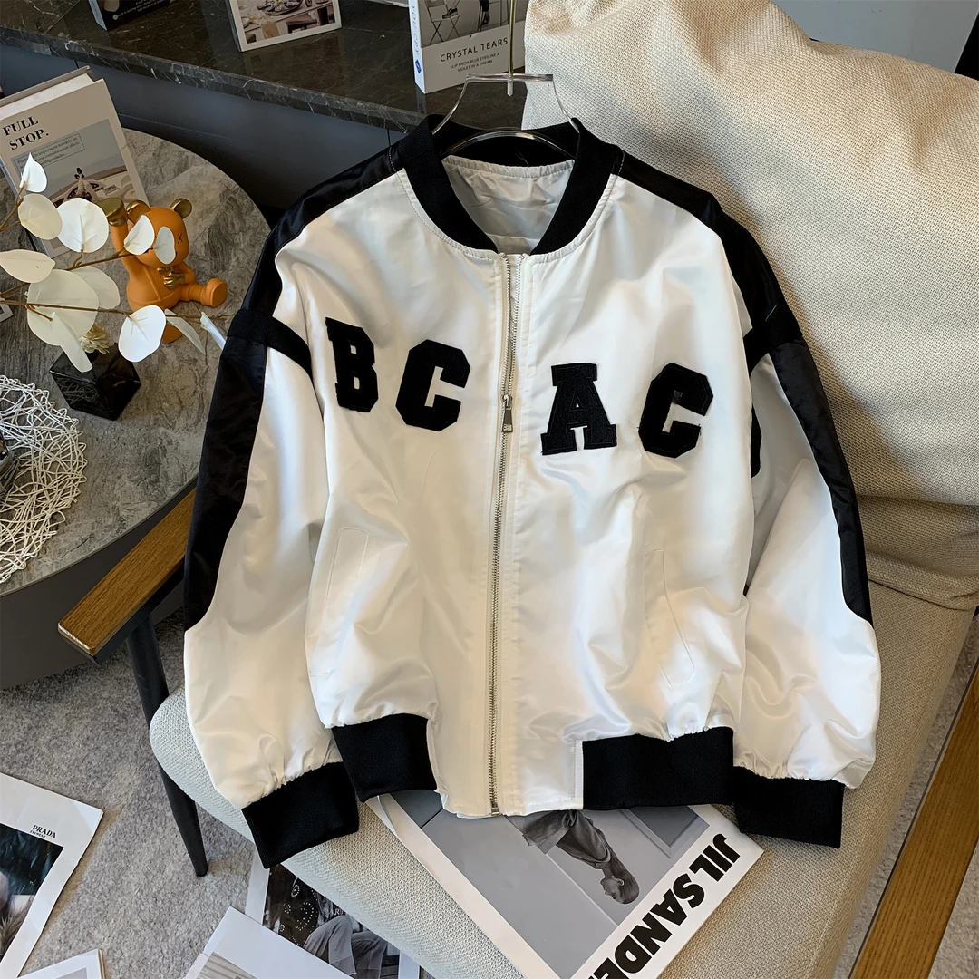 美式休闲字母棒球服外套女春秋款设计感短款宽松帅气立领夹克上衣