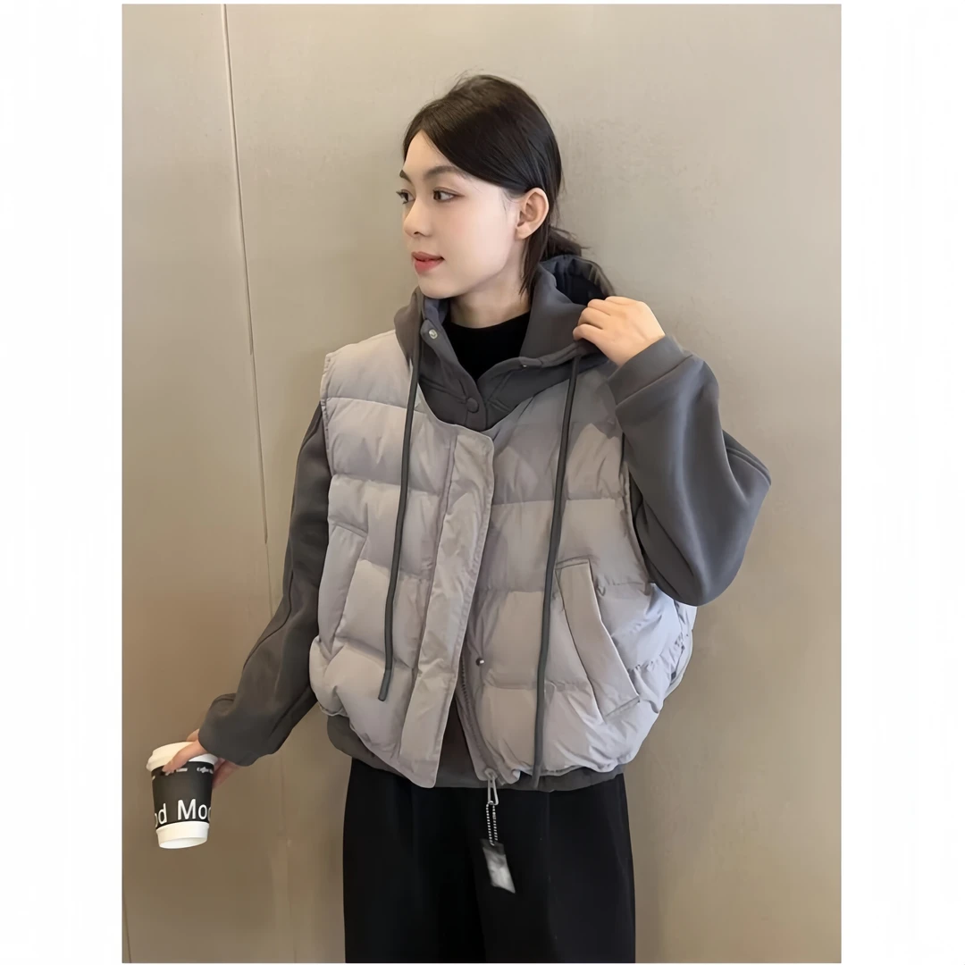 欧洲站时尚保暖加绒连帽卫衣马甲两件套女冬季减龄休闲叠穿外套潮