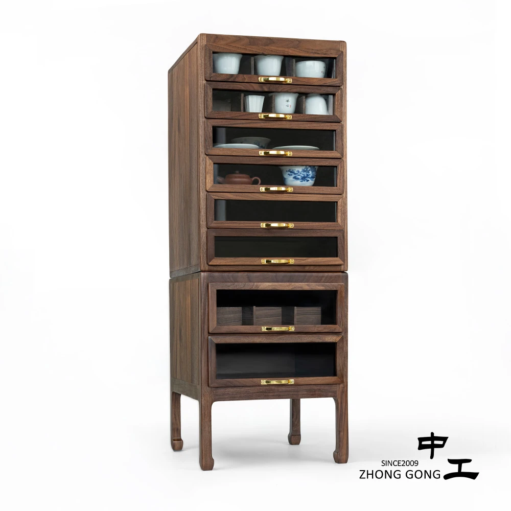 中工北美黑胡桃原木文玩柜6抽茶具柜轻奢简约置物架新中式家用