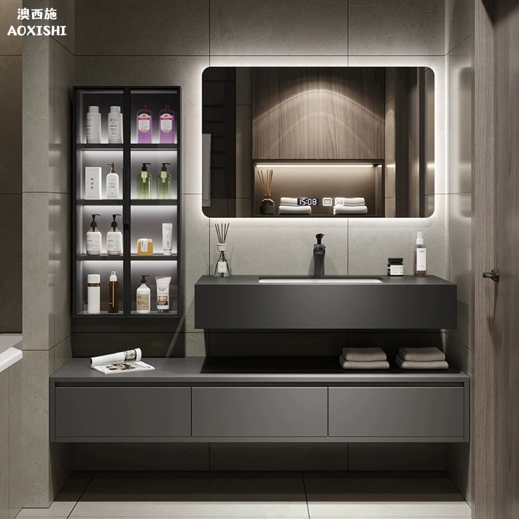 澳西施岩板浴室柜组合实木洗脸盆轻奢洗漱台智能镜双层挂墙式吊柜