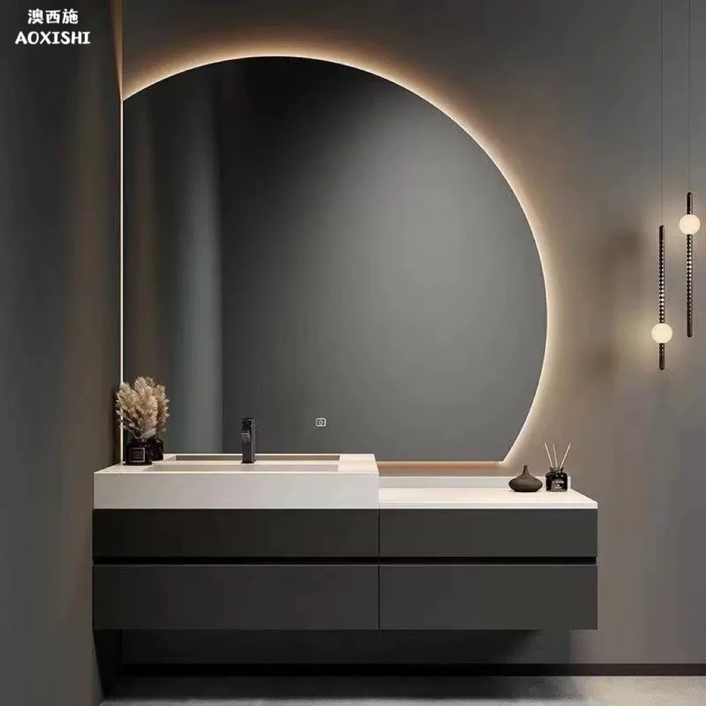 澳西施浴室柜岩板半圆镜洗手盆柜卫生间洗脸盆组合简约洗漱盆轻奢