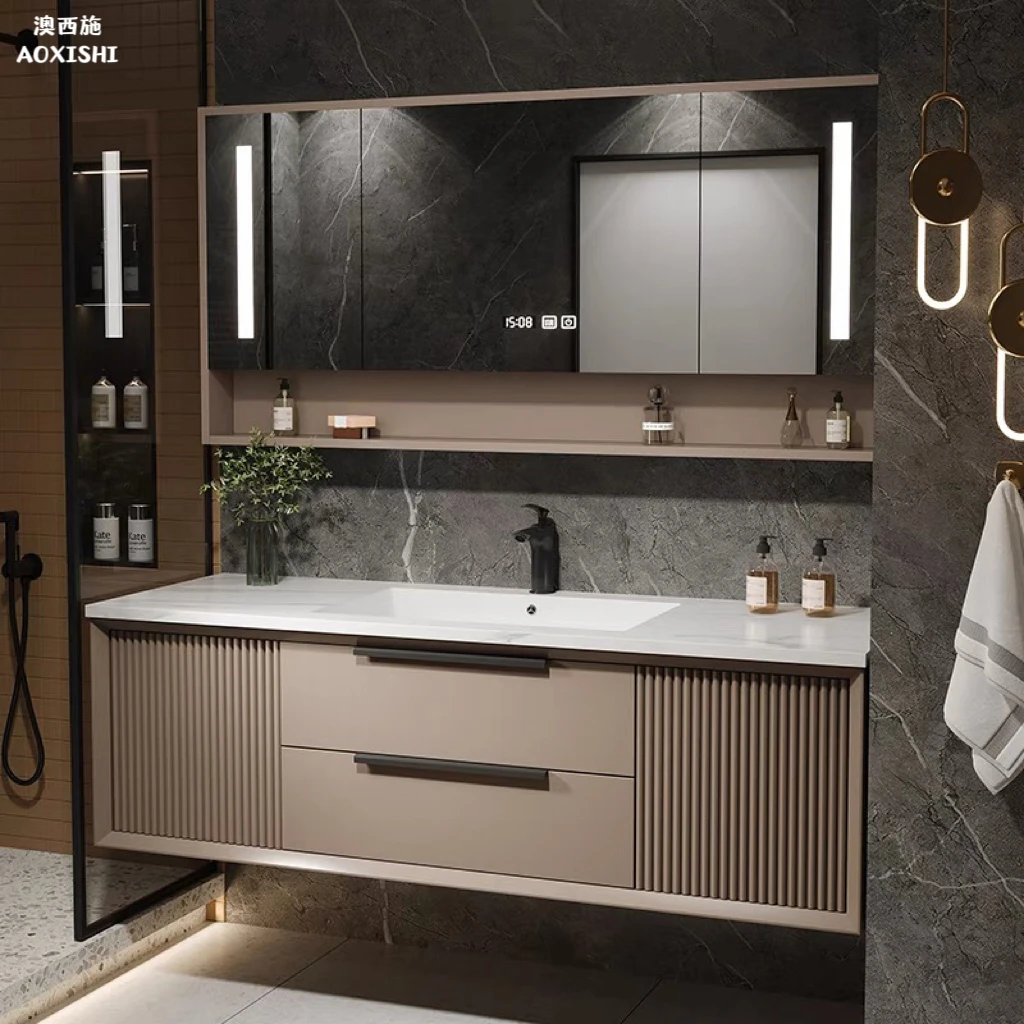 澳西施卫浴岩板浴室柜无缝衔接一体盆洗漱台橡木洗脸组合智能镜柜