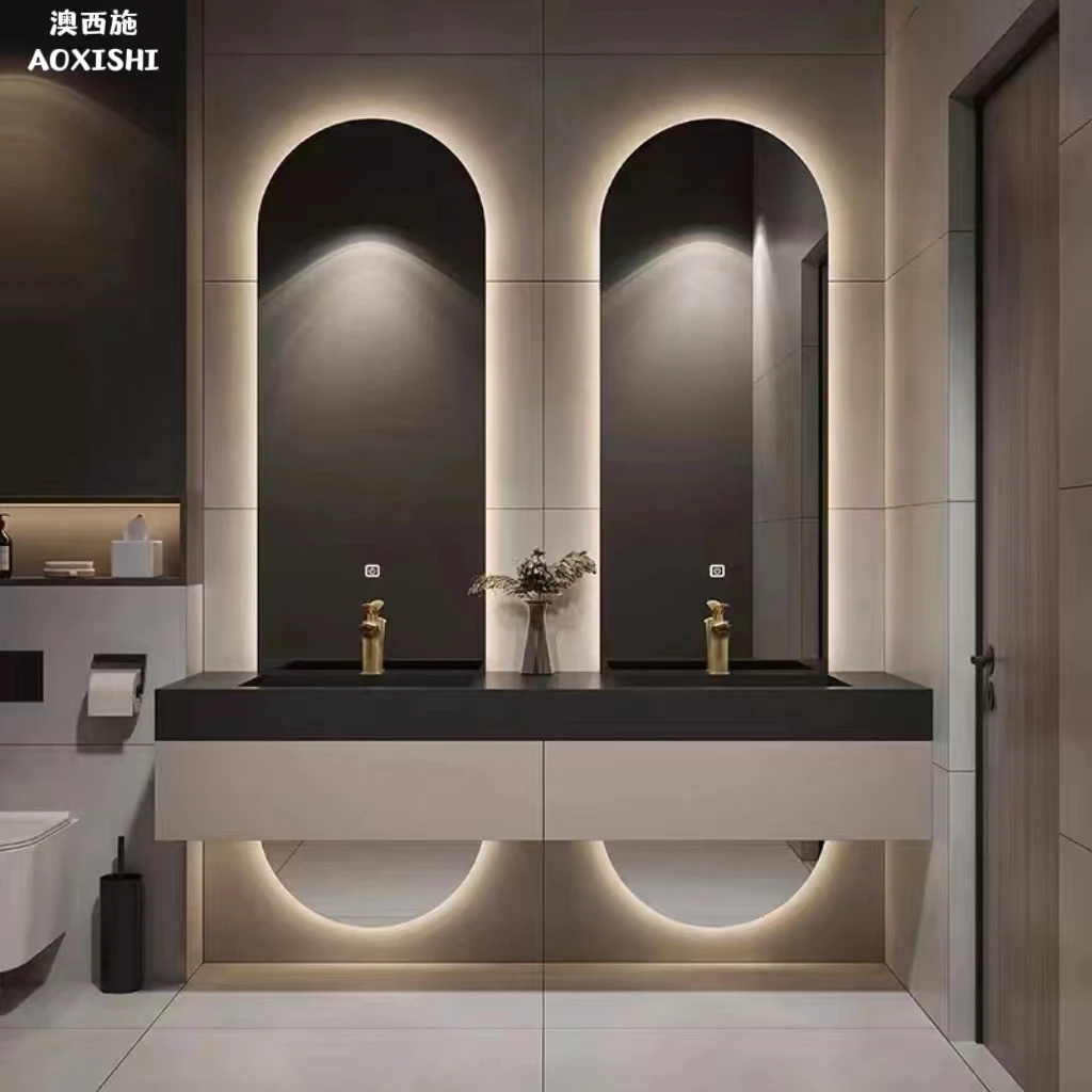 澳西施高档家用实木浴室柜组合岩板一体双盆双镜智能洗漱台可定制