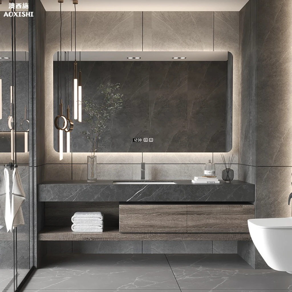 澳西施轻奢浴室柜岩板一体式陶瓷盆卫生间洗脸盆洗漱台智能卫浴柜