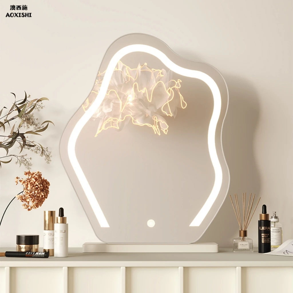 澳西施桌面云朵简约化妆镜台式镜子旋转卧室智能带灯异形梳妆镜