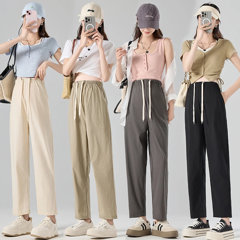 孕妇夏装时尚外穿薄款无托腹抽绳直筒裤宽松显瘦速干休闲裤哈伦裤