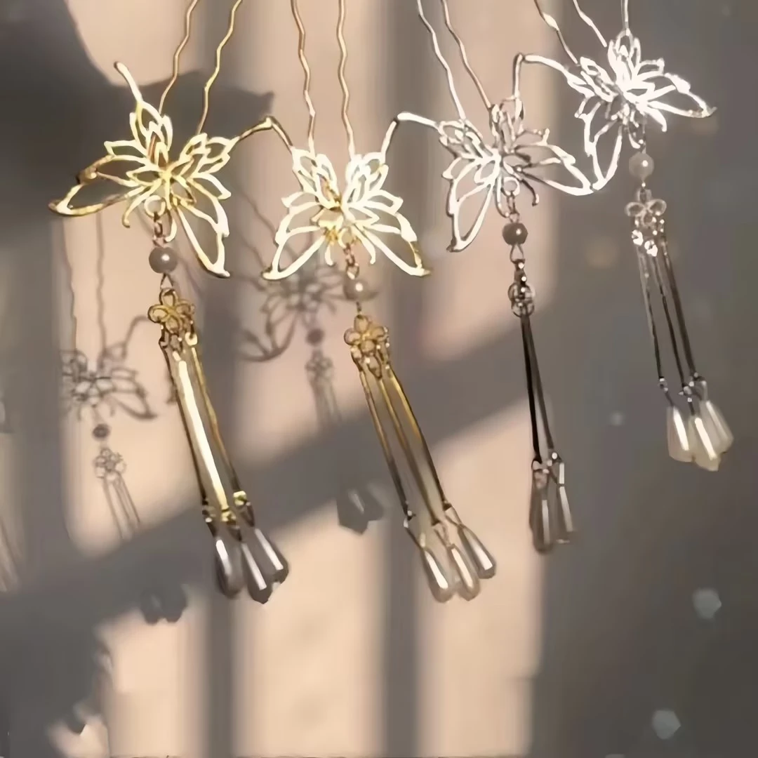 念非发钗古风流苏蝴蝶发钗百搭流苏步摇U钗简约汉服配饰