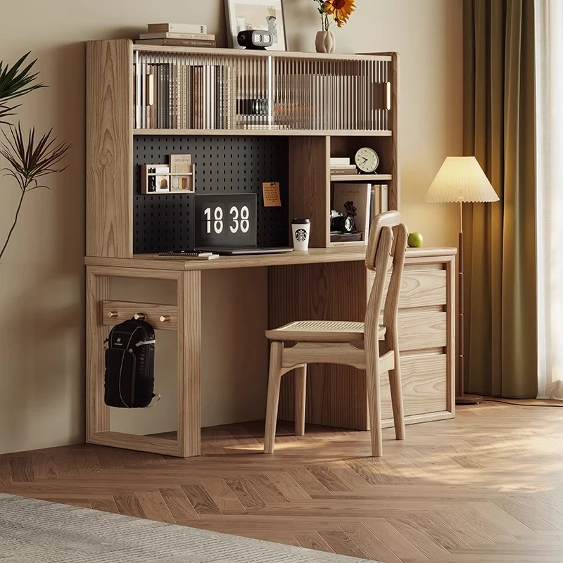 白蜡木实木电脑书桌原木风家用书房卧室书柜一体多用学习桌办公桌
