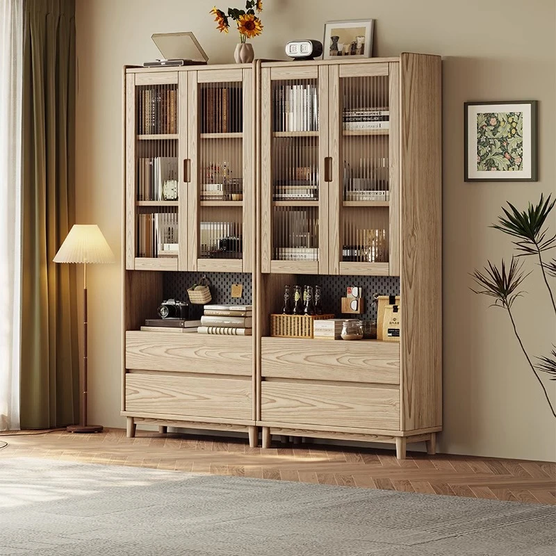 白蜡木实木书柜原木简约靠墙书房办公室储物柜落地家用多门大组合
