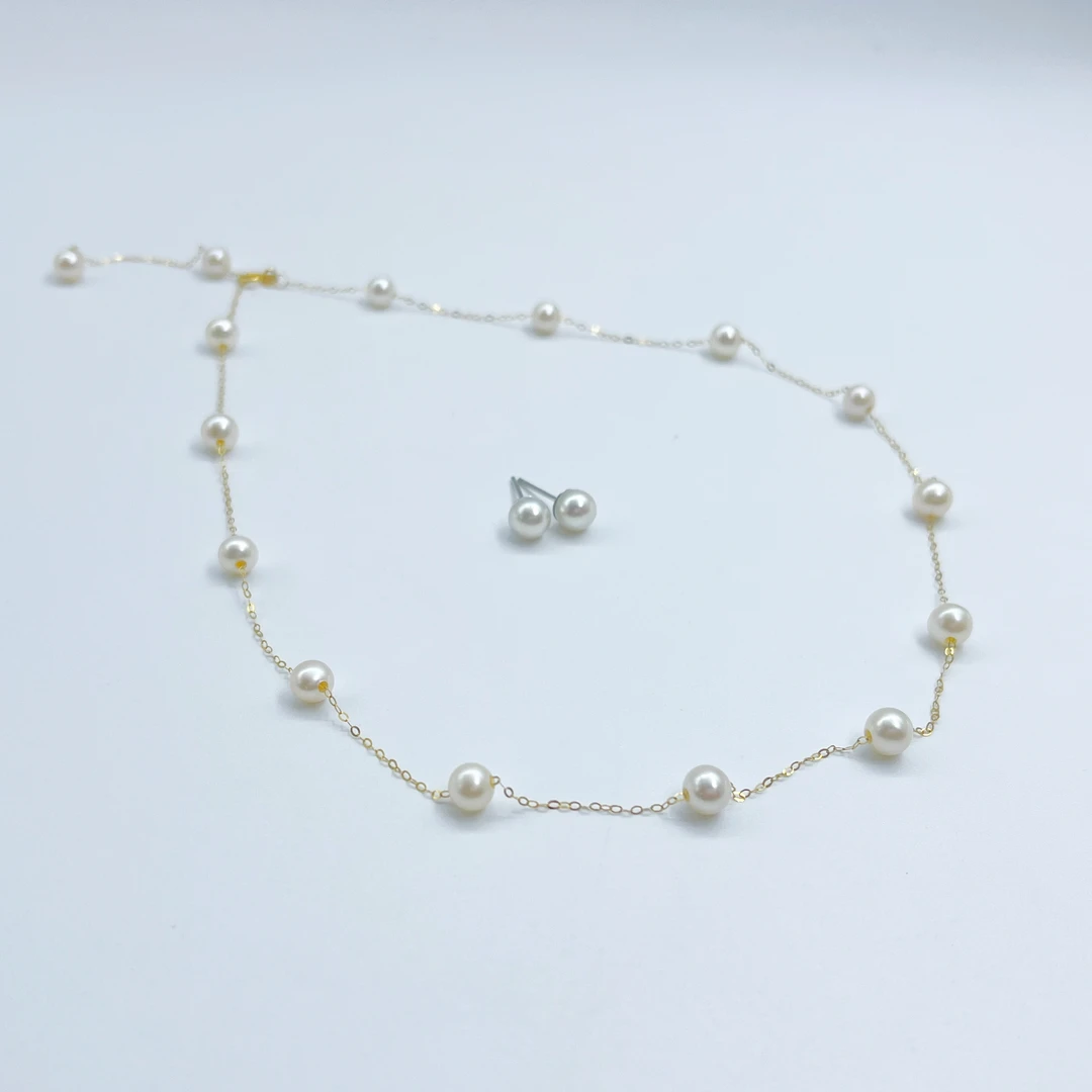 X363【佳人生活号】18K金淡水珍珠满天星项链（送耳钉） 5-6mm