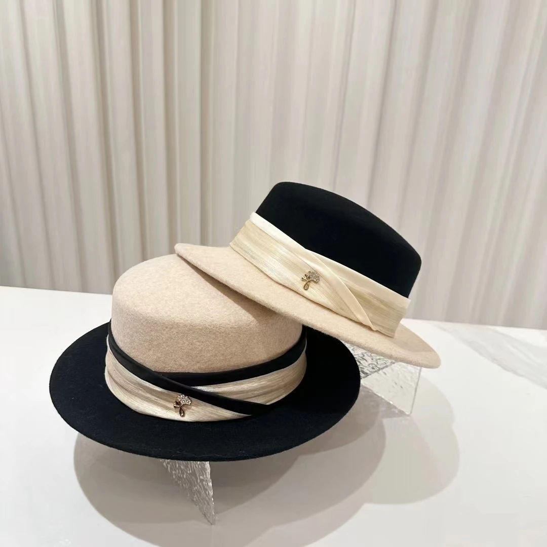 秋冬女士气质羊毛礼帽女网红名媛风法式平顶帽时尚百搭