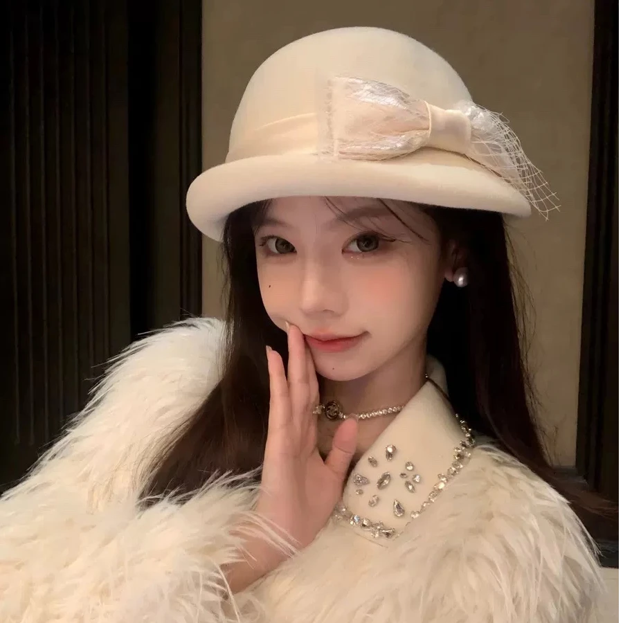 新款时尚百搭洋气小香风黑色韩版秋冬画家帽贝雷帽盆帽礼帽绵羊毛