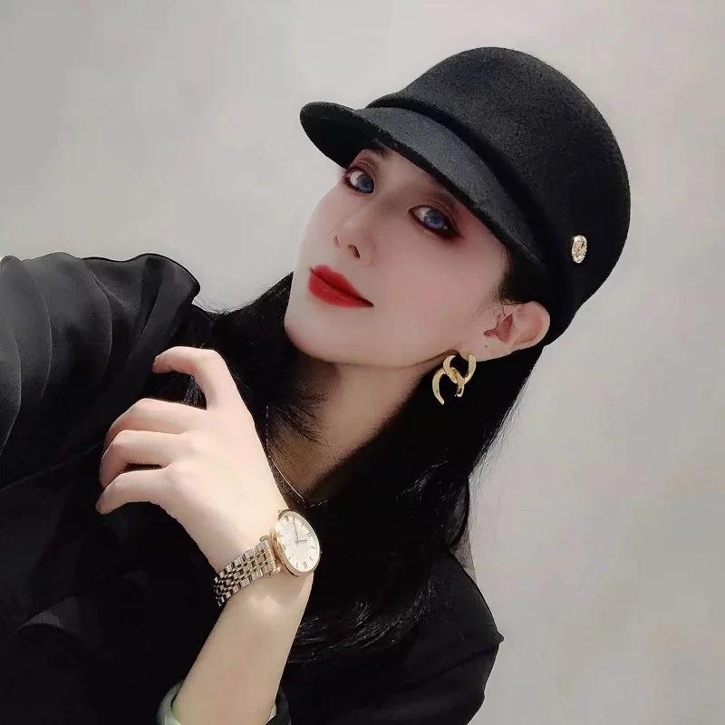 秋冬季简约优雅马术帽礼帽女水钻鸭舌帽英伦复古百搭贝雷帽韩版潮