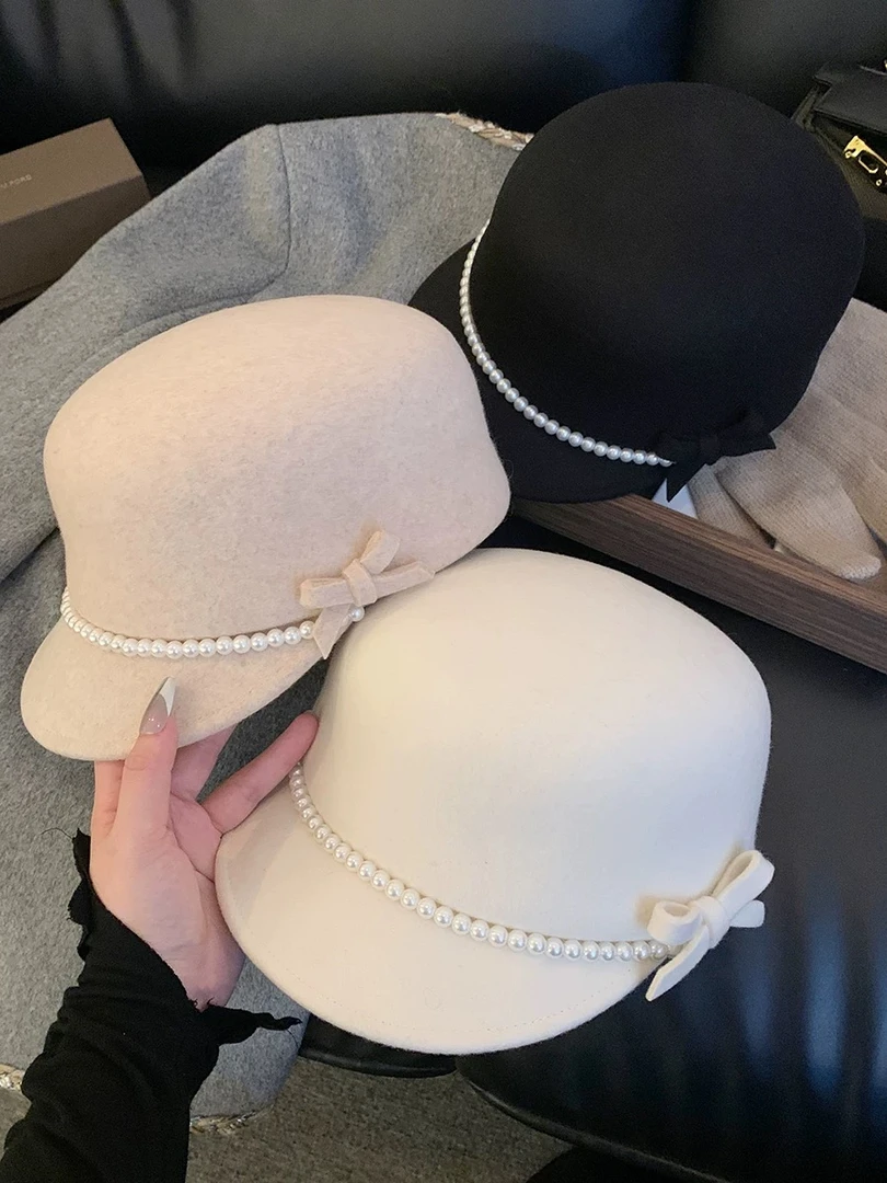 富家千金赫本风珍珠蝴蝶结羊毛礼帽女秋冬优雅贵气马术帽百搭