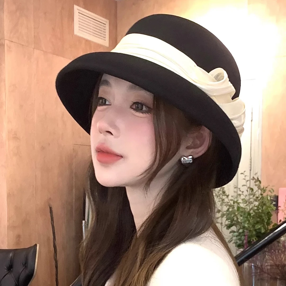 秋冬新款时尚百搭大赫本风绵羊毛礼帽盆帽气质优雅贵气名媛风