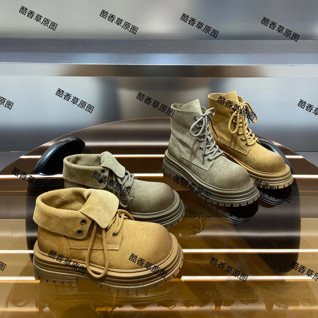 欧货磨砂复古马丁靴2024年新款字母翻领机车靴大黄靴两穿松糕女鞋