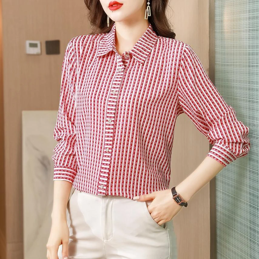 春夏条纹衬衫女长袖衬衣开衫2023新款中年妈妈装韩版宽松上衣显瘦