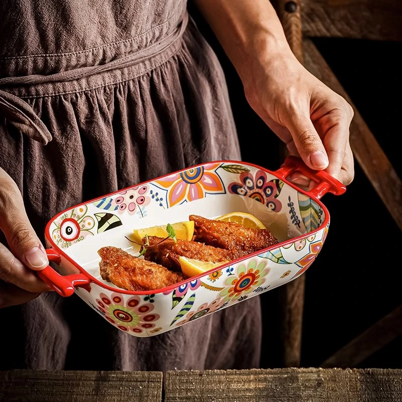 田园风陶瓷双耳微波炉专用烤盘烤箱碗芝士焗饭碗